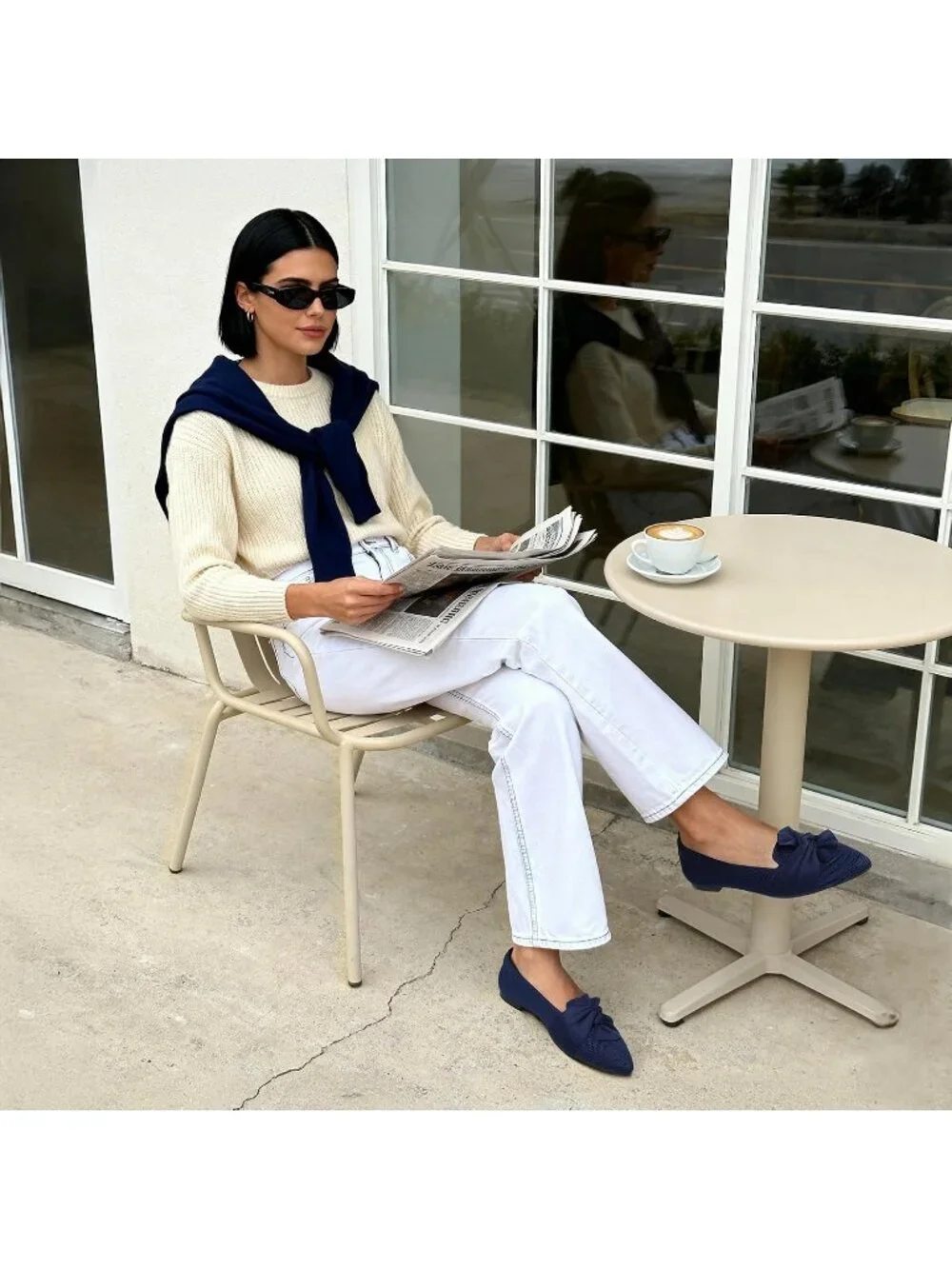 Women's Navy Foldable Bow Pointed Toe Ballet Flats Knit Cushioned Comfort Shoes
